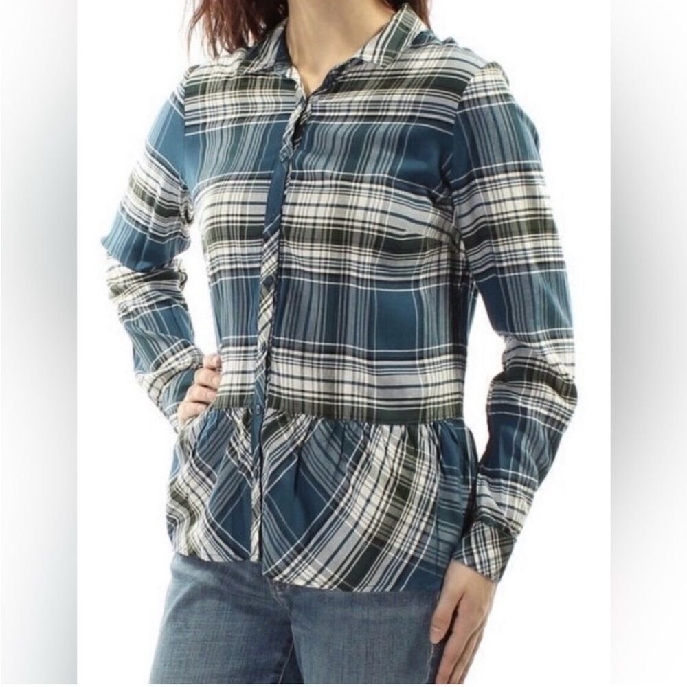 Kensie teal blue button front Plaid Peplum viscose Top womans M